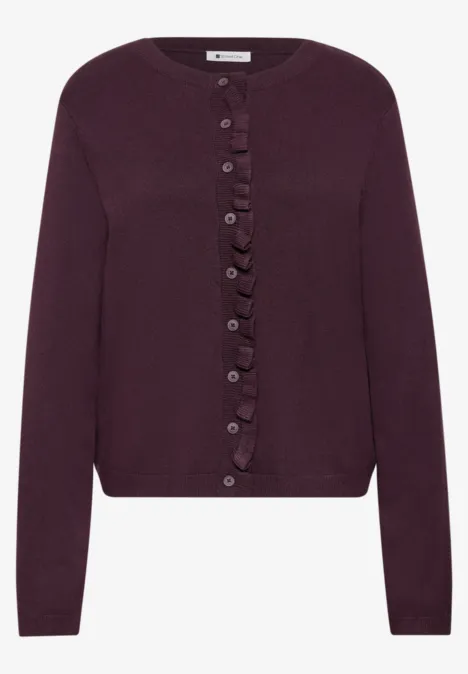 Pflaumefarbener Cardigan mit Rüschen und Knopfleiste