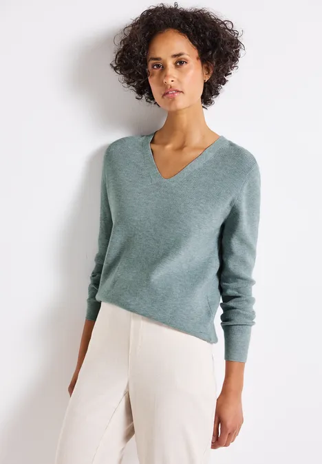Basic trui met V-hals nile blue mel.