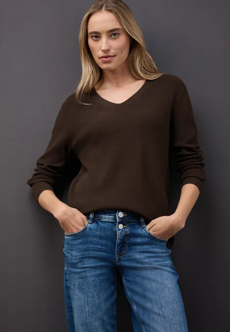 Basic V-Neck Pullover dark hazelnut brown mel.