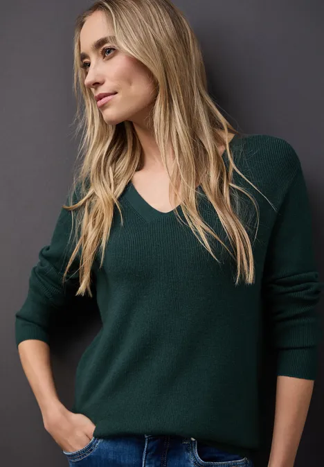 Basic V-Neck Pullover deep teal green