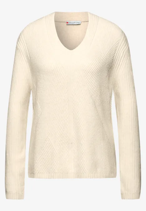 Strukturalny sweter z dekoltem w szpic soft beige