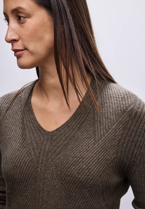 V-Neck Strukturpullover nomad brown mel.