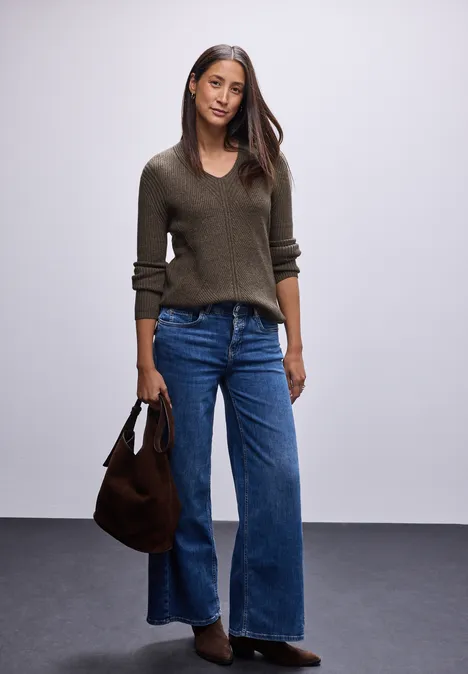 V-Neck Strukturpullover nomad brown mel.