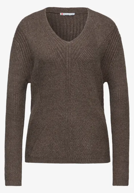 V-Neck Strukturpullover nomad brown mel.