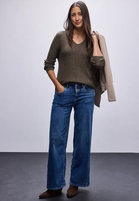 V-Neck Strukturpullover nomad brown mel.
