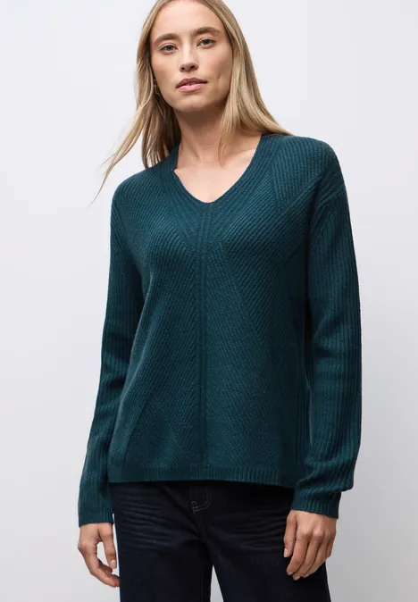 Strukturalny sweter z dekoltem w szpic tide blue