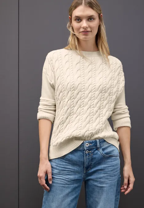 Pullover mit Zopfmuster soft beige Pullover mit Zopfmuster soft beige