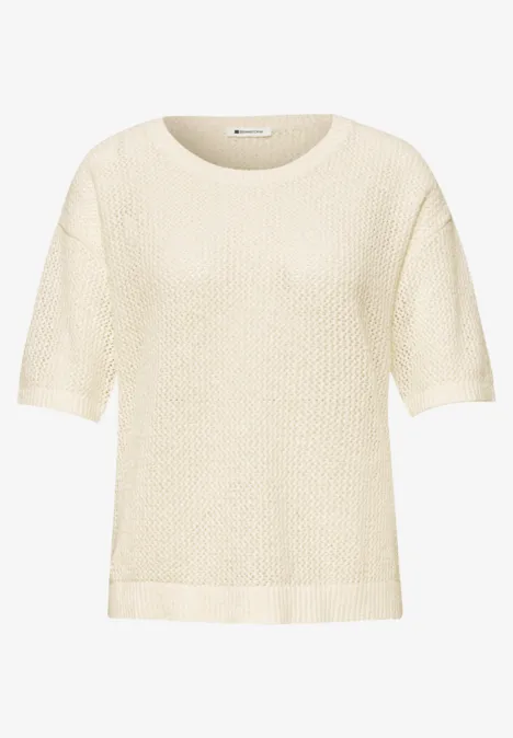 Beiger Kurzarm-Pullover mit feinem Strickmuster
