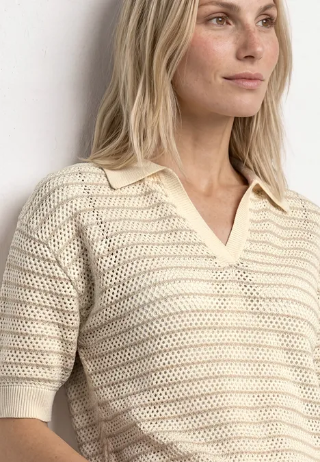 Sweter z krótkim rękawem w paski soft beige Sweter z krótkim rękawem w paski soft beige