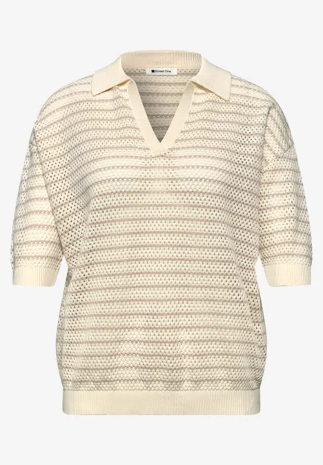 Sweter z krótkim rękawem w paski soft beige Sweter z krótkim rękawem w paski soft beige