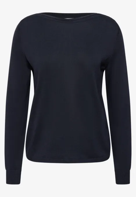 Dunkelblauer Pullover mit Rundhalsausschnitt und langen Ärmeln.