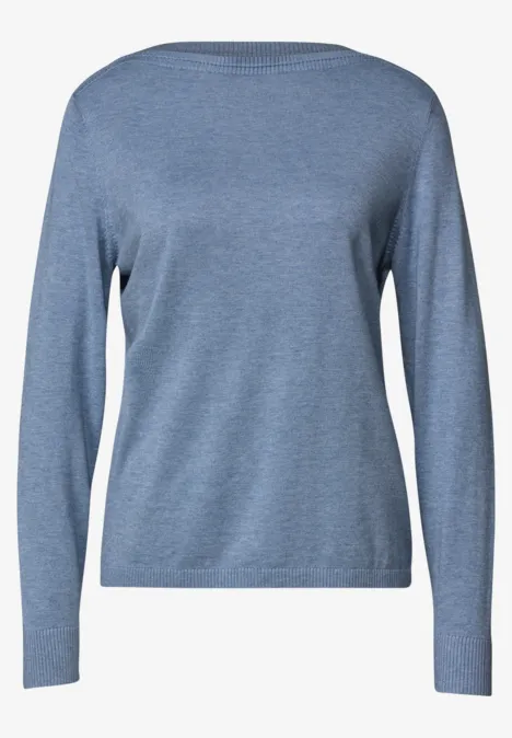 Pull basique à col bateau northern blue mel. T-shirt à manches longues bleu-gris chiné, col rond simple et épuré.