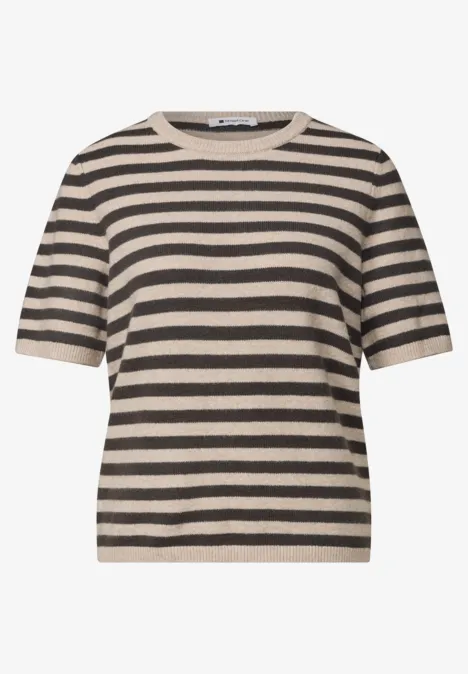 T-shirt met korte mouwen, ronde hals en strepen clay sand mel. Kurzärmliges T-Shirt mit beige-schwarzen Querstreifen.