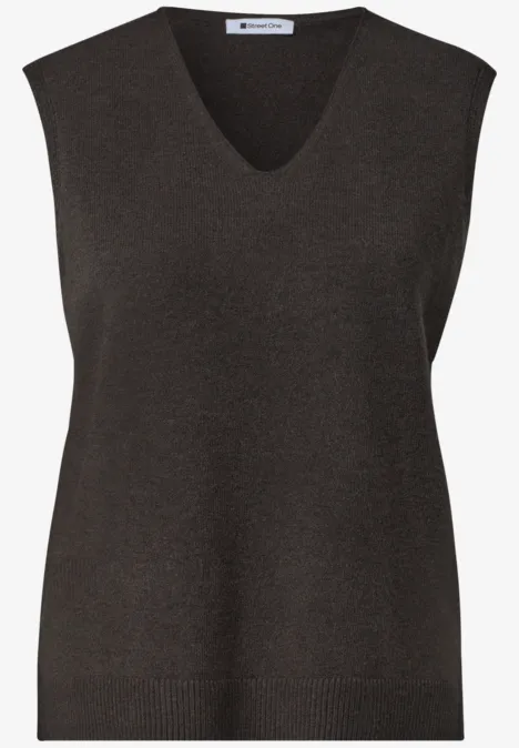 V-hals trui in effen kleur black coffee mel. Dunkelgrauer ärmelloser Damenpullover mit V-Ausschnitt.