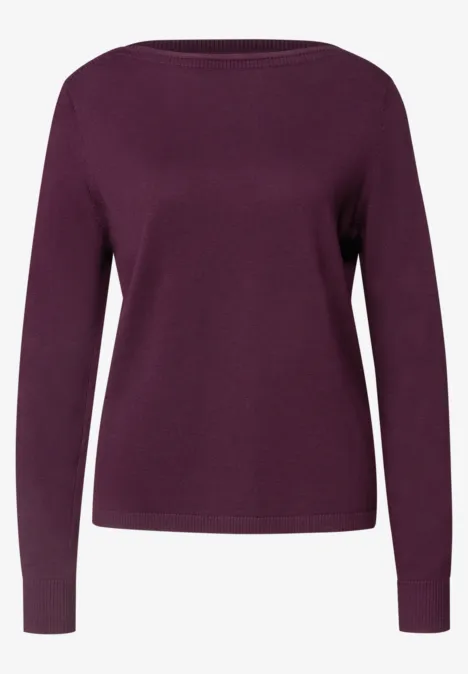 Eenvoudige trui met boothals berry maroon Effen, donkerpaarse trui met lange mouwen.