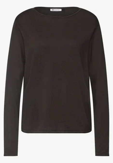 Pullover mit Rundhals und Rollkanten black coffee Schwarzes, schlichtes Langarmshirt mit Rundhalsausschnitt