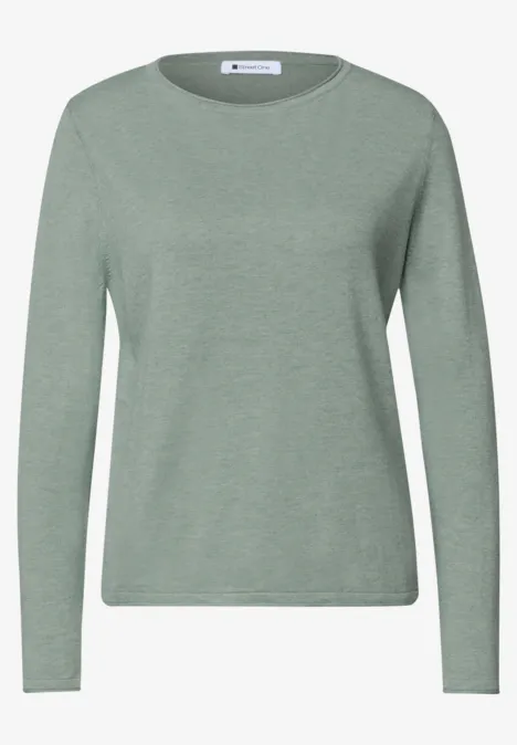 Trui met ronde hals en omgeslagen randen eucalyptus green mel. Effen lichtgroen longsleeve shirt met ronde hals