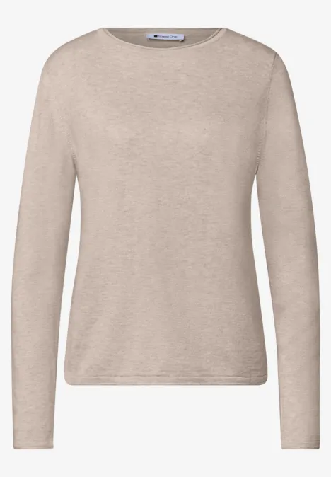 Trui met ronde hals en omgeslagen randen clay sand mel. Effen beige damestrui met ronde hals en lange mouwen, eenvoudig en elegant.