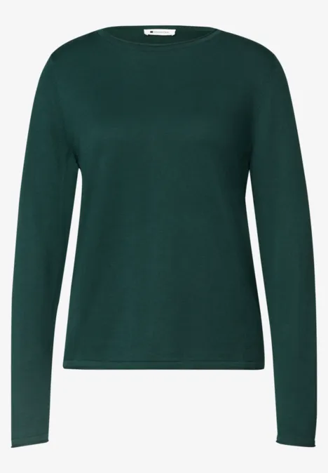 Trui met ronde hals en omgeslagen randen shadow teal Donkergroene trui met lange mouwen en ronde hals, eenvoudig design.