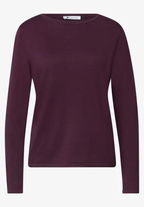 Trui met ronde hals en omgeslagen randen berry maroon Eenvoudig, lange mouw shirt in donker bordeauxrood.