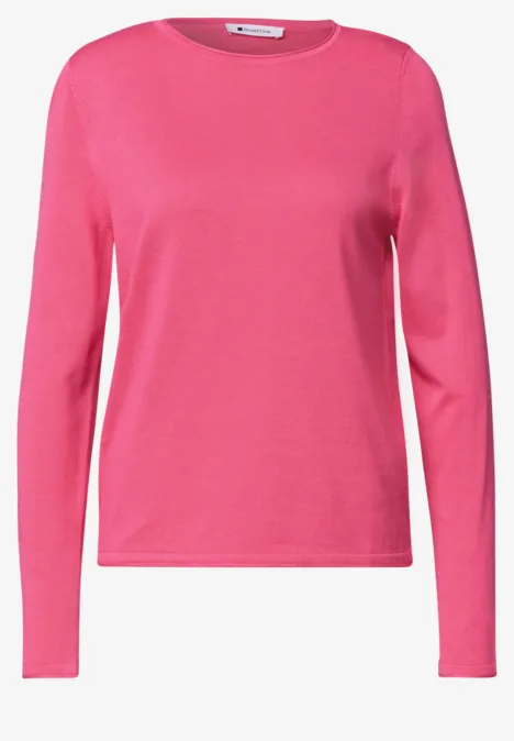 Trui met ronde hals en omgeslagen randen impact pink Roze damestrui met ronde hals en lange mouwen, eenvoudig en tijdloos ontwerp.