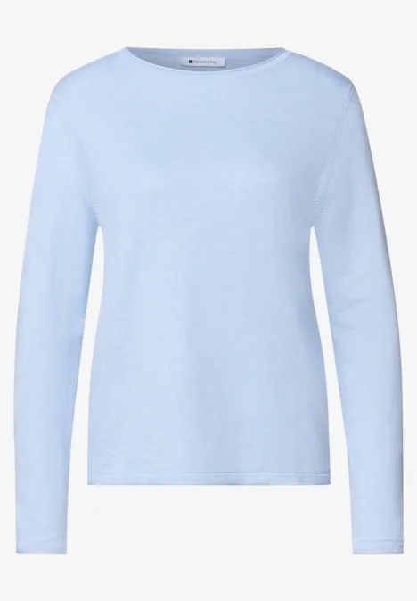 Trui met ronde hals en omgeslagen randen pale blue mel. Lichtblauw, effen langarmshirt met ronde hals.