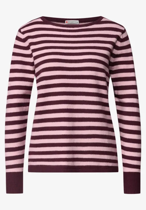 Pullover mit Boat Neck und Streifen rustic rouge mel. Ein gestreifter Langarm-Pullover in Rosa und Dunkelrot mit Rundhalsausschnitt.