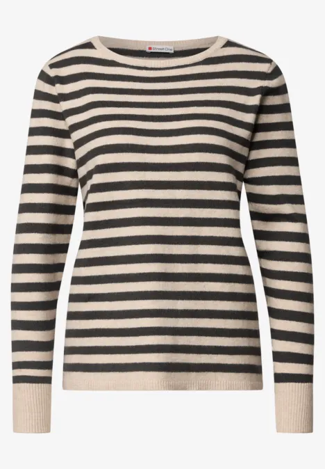 Pullover mit Boat Neck und Streifen clay sand mel. Beiger Pullover mit schwarzen Querstreifen und langen Ärmeln.