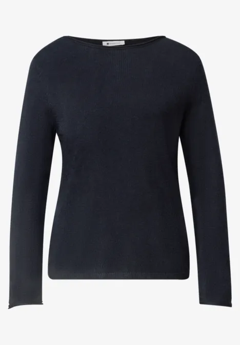 Dunkelblauer, schlichter Pullover mit Rundhalsausschnitt und langen Ärmeln.