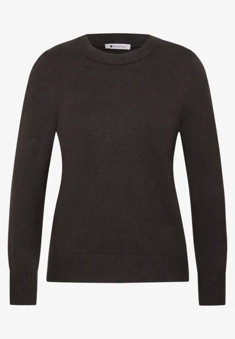 Schwarzer langer Damenpullover mit Rundhalsausschnitt und Rippbündchen.