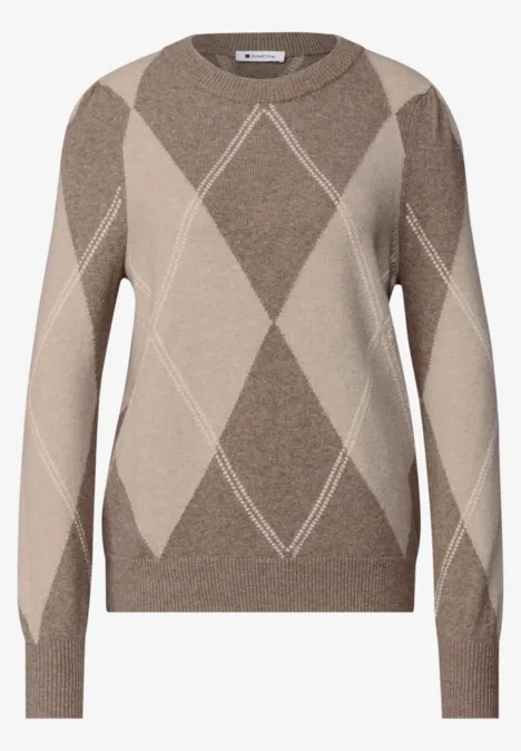 Beiger Strickpullover mit Argyle-Rautenmuster, langärmelig, klassischer Stil