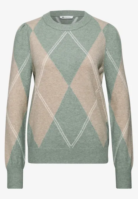 Feinstrickpullover in Grün und Beige mit klassischem Argyle-Muster.