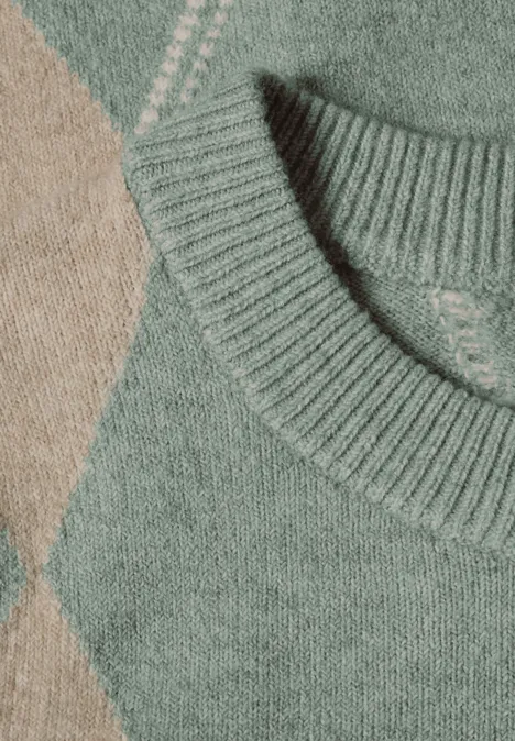Strickpullover mit Rundausschnitt und Argyle-Muster in Beige und Mintgrün.