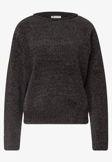 Chenille-Pullover mit U-Boot-Ausschnitt black coffee Grau-schwarzer Pullover mit Glitzereffekt, Rundhalsausschnitt und langen Ärmeln.