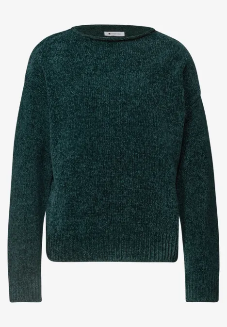 Chenille-Pullover mit U-Boot-Ausschnitt shadow teal Dunkelgrüner, langärmliger Strickpullover mit Rundhalsausschnitt.