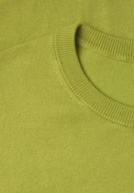 T-shirt met korte mouwen en ronde hals in effen kleur apple lime Close-up van een lichtgroene trui met ronde hals en fijne breistructuur.