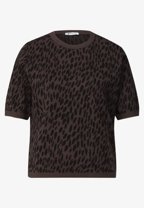 Jacquardtrui met ronde hals en luipaardprint molten earth Bruin T-shirt met korte mouwen en zwart vlekkenpatroon