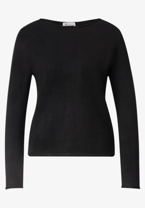 Pullover mit Boat Neck und Rollkanten Black Schlichter, langärmliger schwarzer Damenpullover mit rundem Ausschnitt.