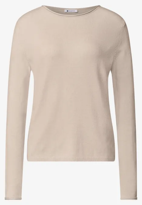 Pullover mit Boat Neck und Rollkanten clay sand mel. Beiger, langärmliger Feinstrickpullover mit Rundhalsausschnitt