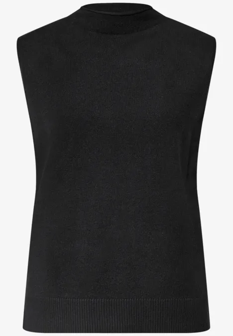 Schwarzer, ärmelloser Feinstrick-Pullover mit Rundhalsausschnitt.