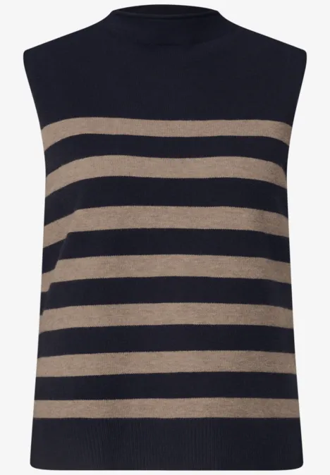 Ärmelloses Stricktop mit navy-beigen Querstreifen.
