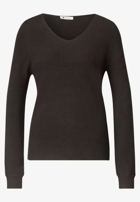 Dunkelgrauer, langärmliger V-Ausschnitt-Pullover.
