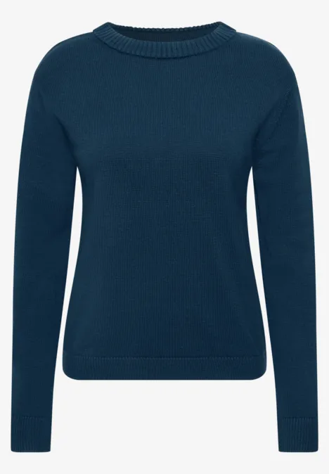 Donkerblauwe trui met ronde hals, eenvoudig design.