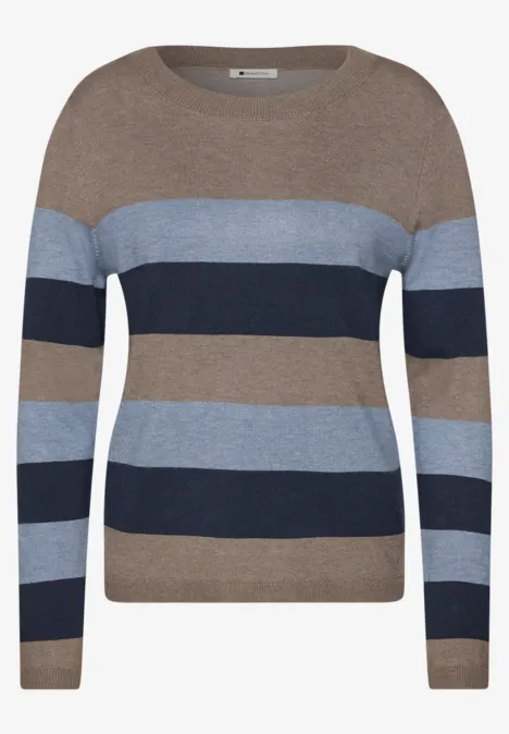 Pullover mit Rundhals und Streifen deep blue Damenpullover mit breiten Streifen in Braun, Hellblau und Dunkelblau.