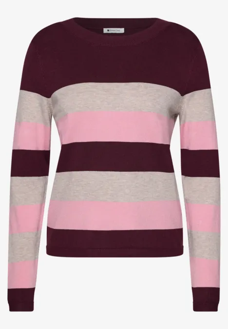 Pullover mit Rundhals und Streifen rustic rouge Gestreifter Damenpullover mit Rundhalsausschnitt in Burgund, Beige und Rosa.
