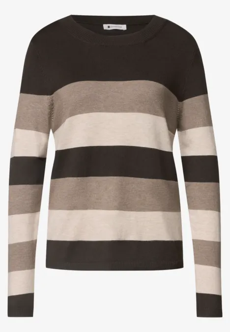 Pullover mit Rundhals und Streifen black coffee Gestreifter Damenpullover in Schwarz, Beige und Grau mit Rundhalsausschnitt.