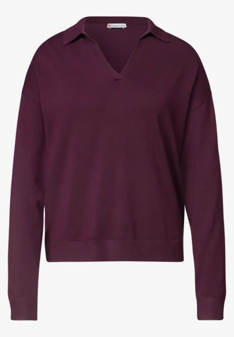 Langarm Pullover mit Polokragen berry maroon Violetter Strickpullover mit V-Ausschnitt und langen Ärmeln