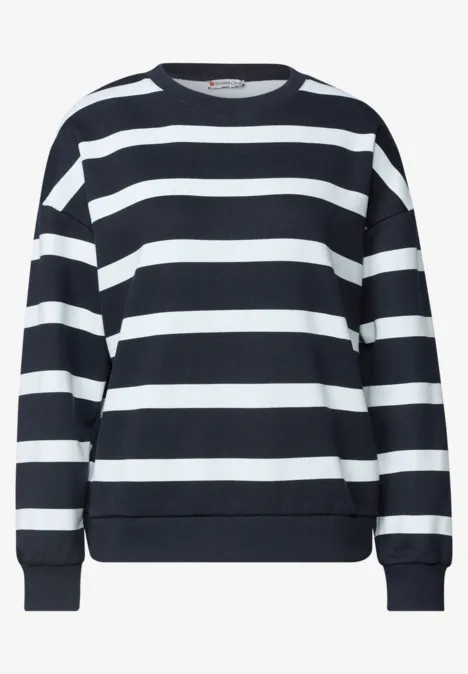 Schwarzer Pullover mit weißen Querstreifen und langen Ärmeln, Rundhalsausschnitt.