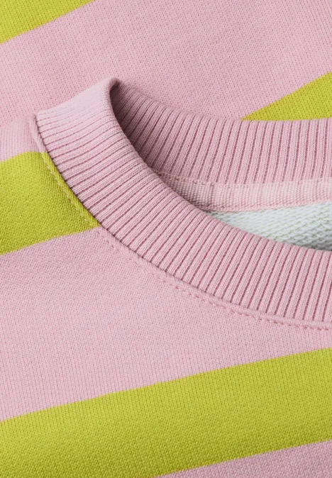 Nahaufnahme eines Rundhalsausschnitts eines Pullovers mit breiten rosa und limettengrünen Streifen.