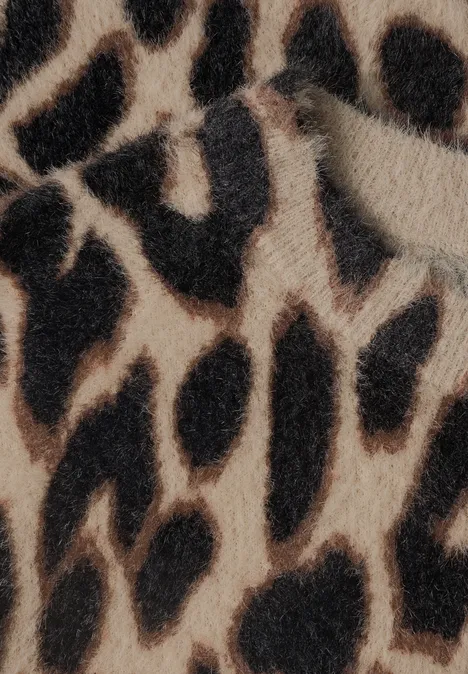Trui met halflange mouwen, ronde hals en luipaardprint grain sand Nahaufnahme eines beige-braunen Leopardenmusters mit schwarzen Flecken.